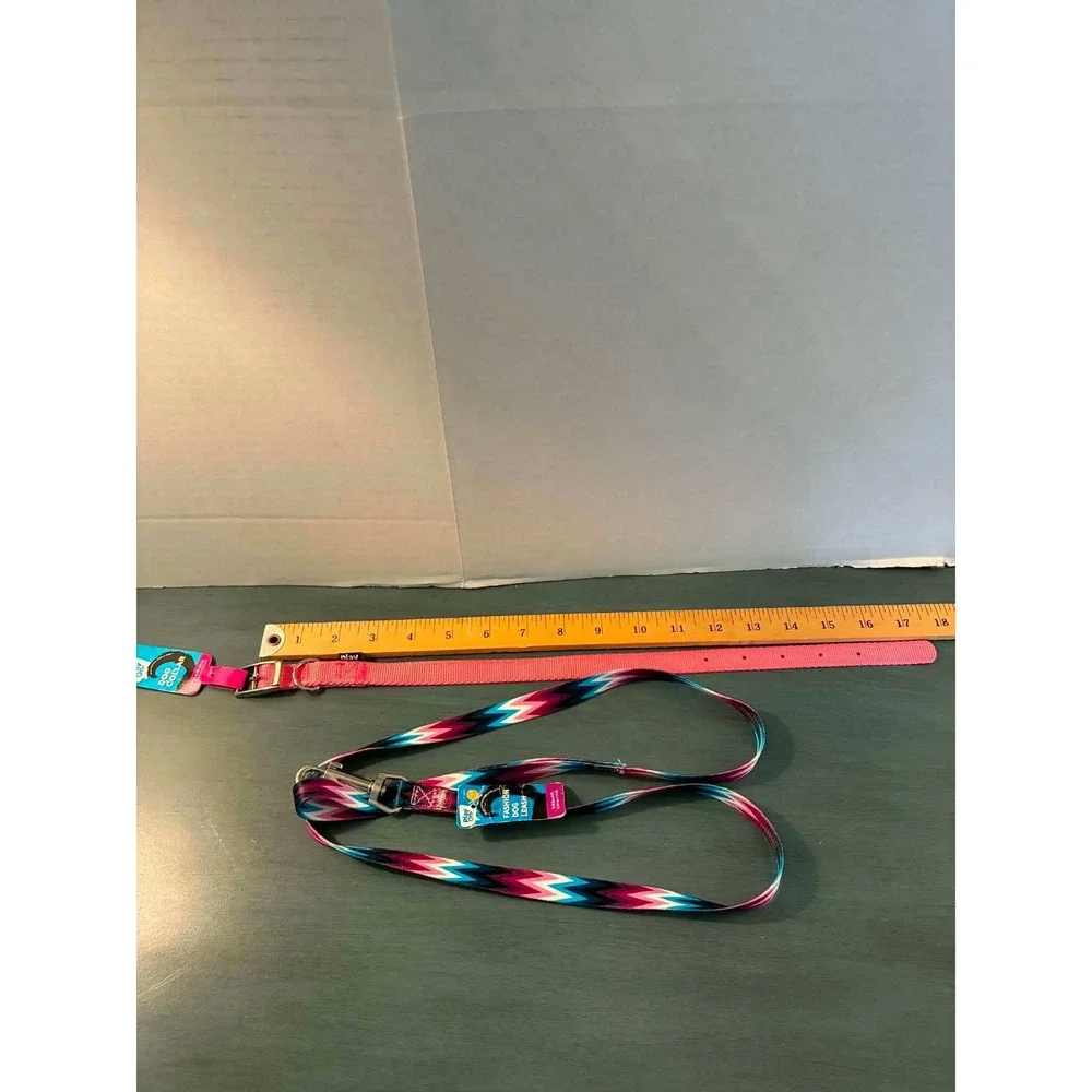 Play On Dog Leash and Collar Set Small Pink Multi Color NWT Chevron Print